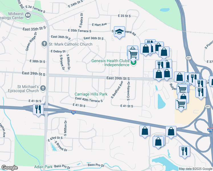map of restaurants, bars, coffee shops, grocery stores, and more near 3905 South Masterbrook Drive in Independence