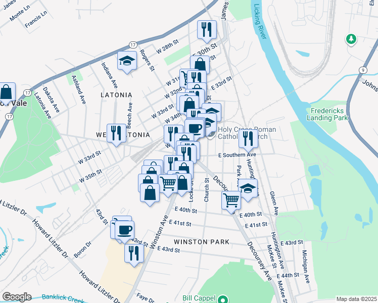 map of restaurants, bars, coffee shops, grocery stores, and more near 12 Inez Street in Covington