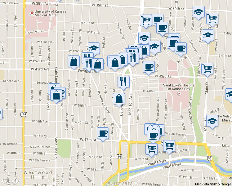 map of restaurants, bars, coffee shops, grocery stores, and more near 4401 Jarboe Street in Kansas City