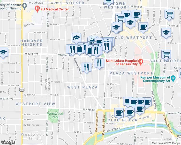 map of restaurants, bars, coffee shops, grocery stores, and more near 4401 Jarboe Street in Kansas City