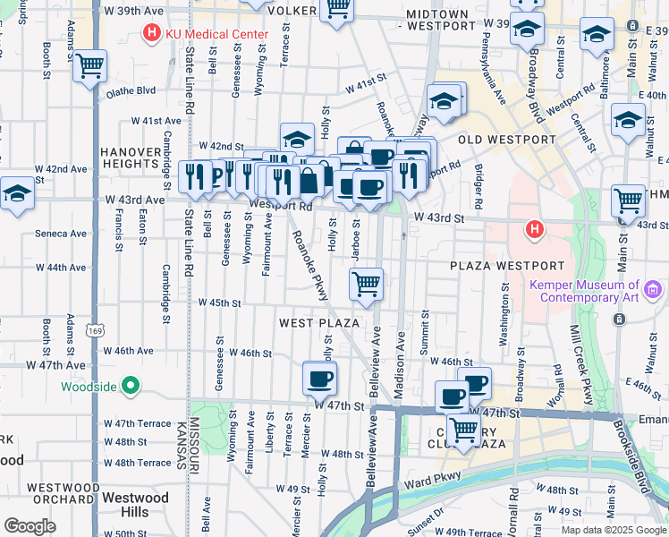 map of restaurants, bars, coffee shops, grocery stores, and more near 4403 Holly Street in Kansas City