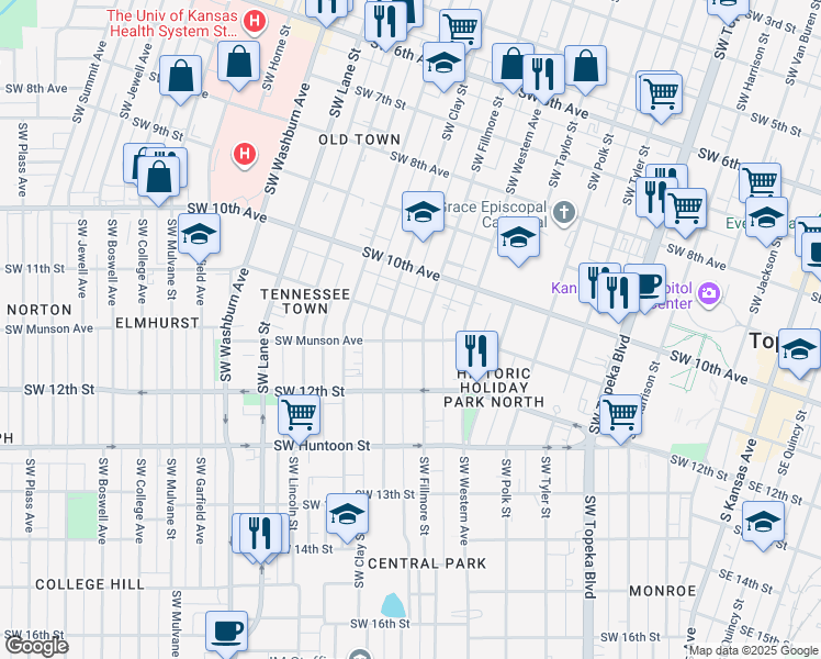 map of restaurants, bars, coffee shops, grocery stores, and more near 1035 Southwest Fillmore Street in Topeka