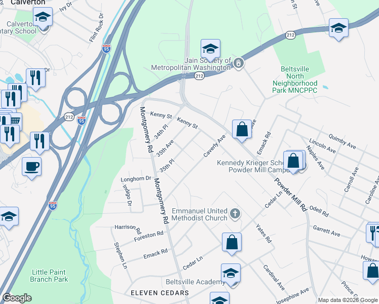 map of restaurants, bars, coffee shops, grocery stores, and more near 4302 Yates Road in Beltsville