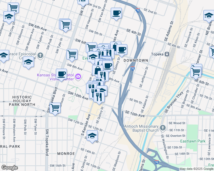 map of restaurants, bars, coffee shops, grocery stores, and more near in Topeka