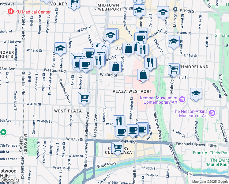 map of restaurants, bars, coffee shops, grocery stores, and more near 626 West 44th Street in Kansas City