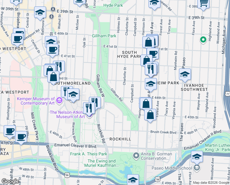 map of restaurants, bars, coffee shops, grocery stores, and more near Holmes St & Gillham Rd in Kansas City