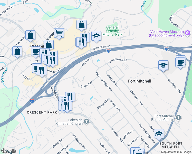 map of restaurants, bars, coffee shops, grocery stores, and more near 159 Pleasant Ridge Avenue in Fort Mitchell