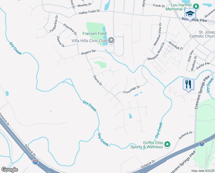 map of restaurants, bars, coffee shops, grocery stores, and more near 2564 Sierra Drive in Villa Hills