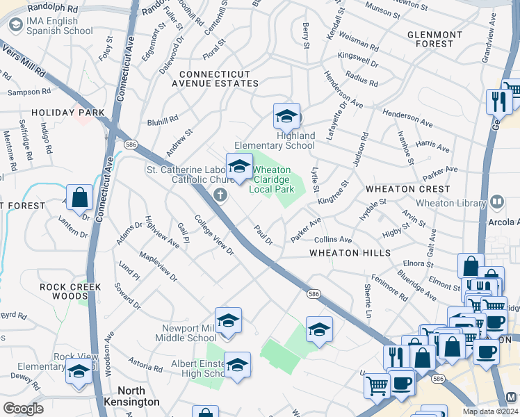 map of restaurants, bars, coffee shops, grocery stores, and more near 3306 Pendleton Drive in Silver Spring