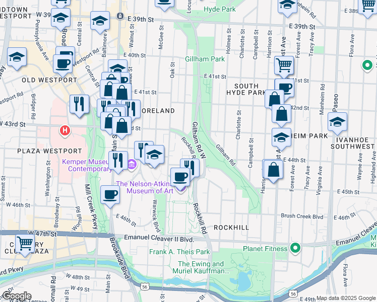 map of restaurants, bars, coffee shops, grocery stores, and more near 4338 Rockhill Road in Kansas City
