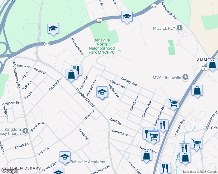 map of restaurants, bars, coffee shops, grocery stores, and more near 4521 Naples Avenue in Beltsville