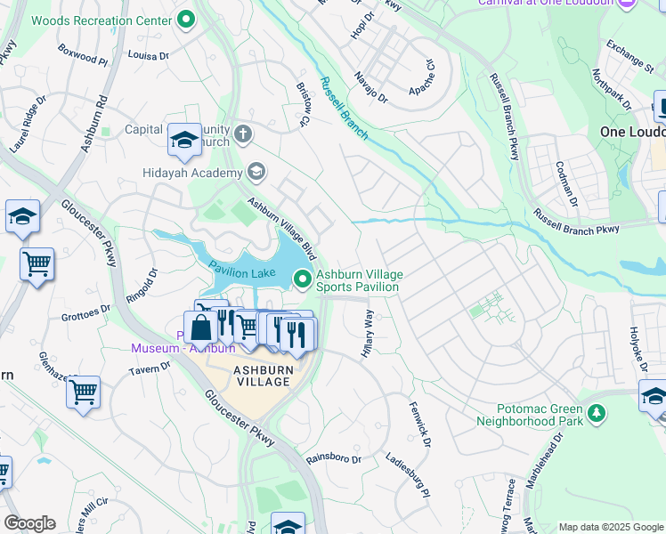map of restaurants, bars, coffee shops, grocery stores, and more near 20541 Flattop Court in Ashburn