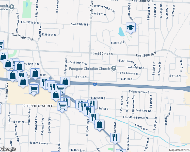 map of restaurants, bars, coffee shops, grocery stores, and more near 4027 South Crysler Avenue in Independence