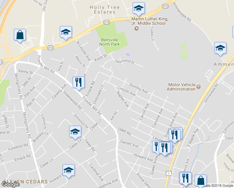 map of restaurants, bars, coffee shops, grocery stores, and more near 4521 Naples Avenue in Beltsville