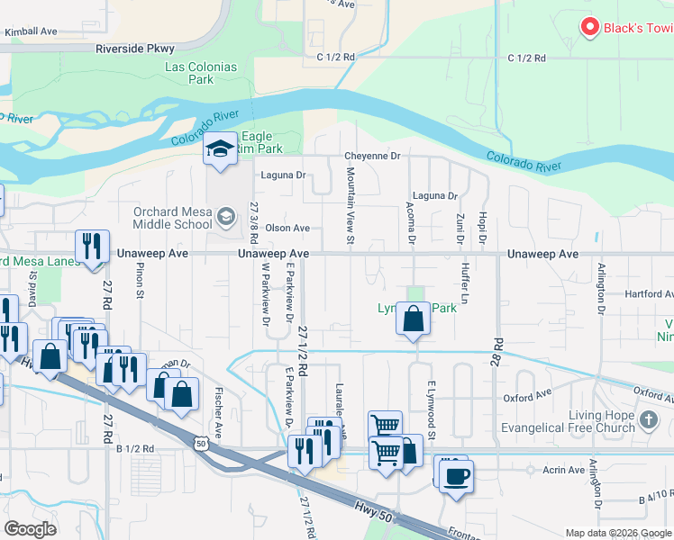 map of restaurants, bars, coffee shops, grocery stores, and more near 296 1/2 Cherry Lane in Grand Junction