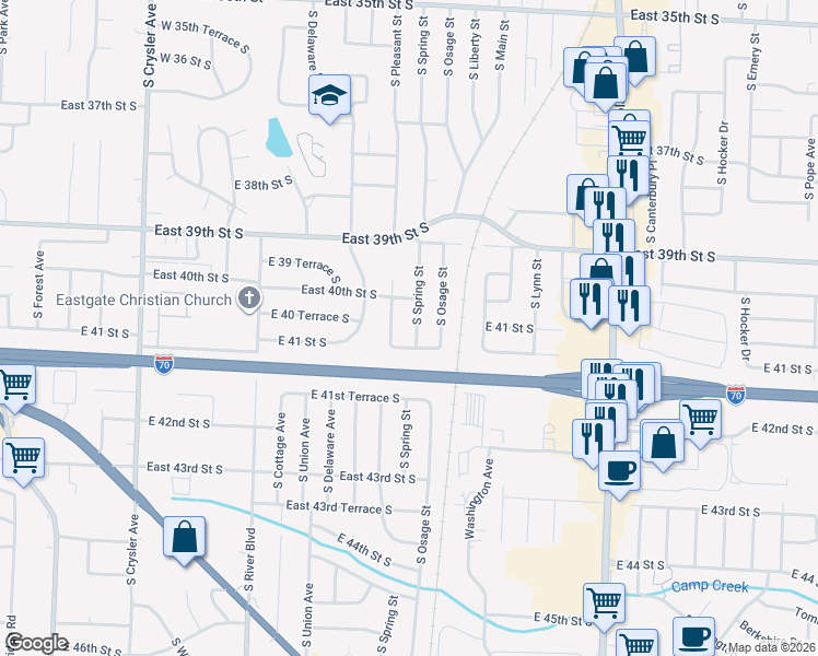 map of restaurants, bars, coffee shops, grocery stores, and more near 4013 South Pleasant Street in Independence