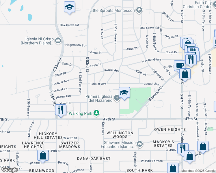 map of restaurants, bars, coffee shops, grocery stores, and more near 5145 Locust Avenue in Kansas City