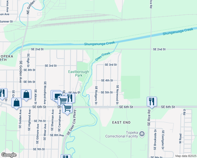 map of restaurants, bars, coffee shops, grocery stores, and more near 3501-3599 Southeast Rodgers Street in Topeka