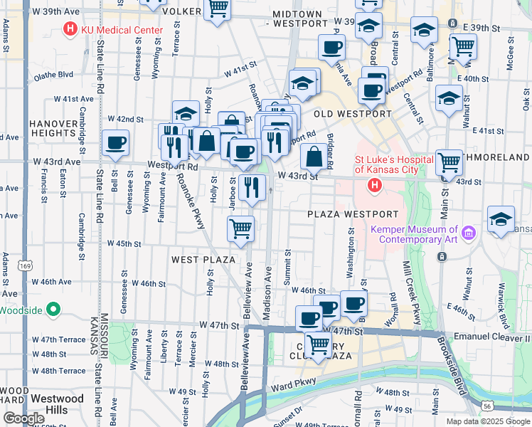 map of restaurants, bars, coffee shops, grocery stores, and more near 4400 Madison Avenue in Kansas City