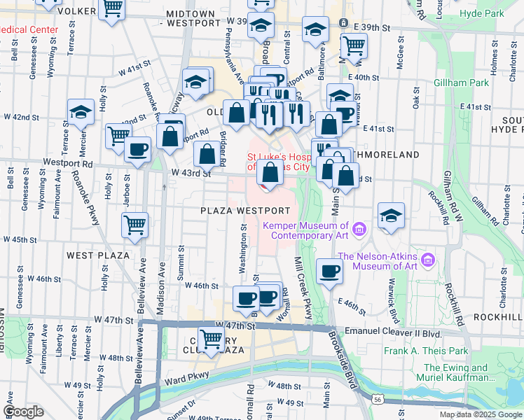 map of restaurants, bars, coffee shops, grocery stores, and more near 4401 Wornall Road in Kansas City