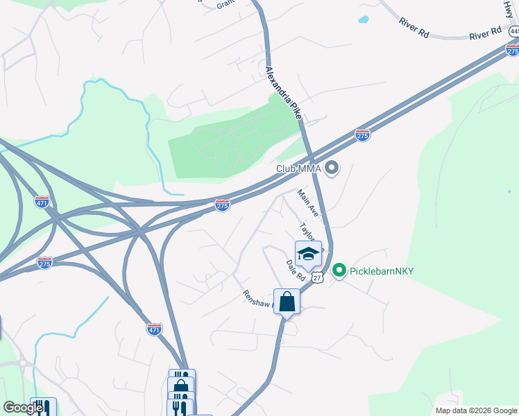 map of restaurants, bars, coffee shops, grocery stores, and more near 125 Main Ave in Highland Heights