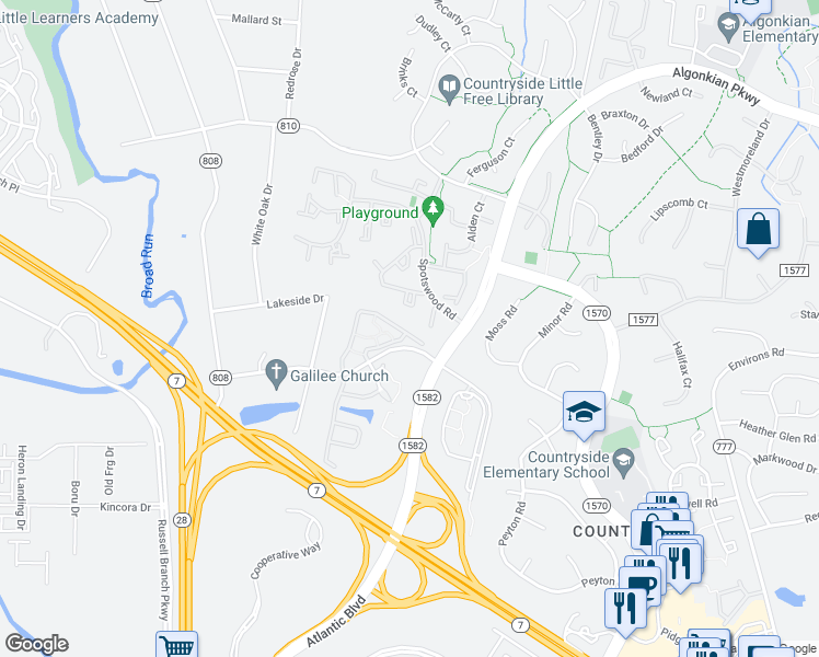 map of restaurants, bars, coffee shops, grocery stores, and more near 20461 Blue Heron Terrace in Sterling