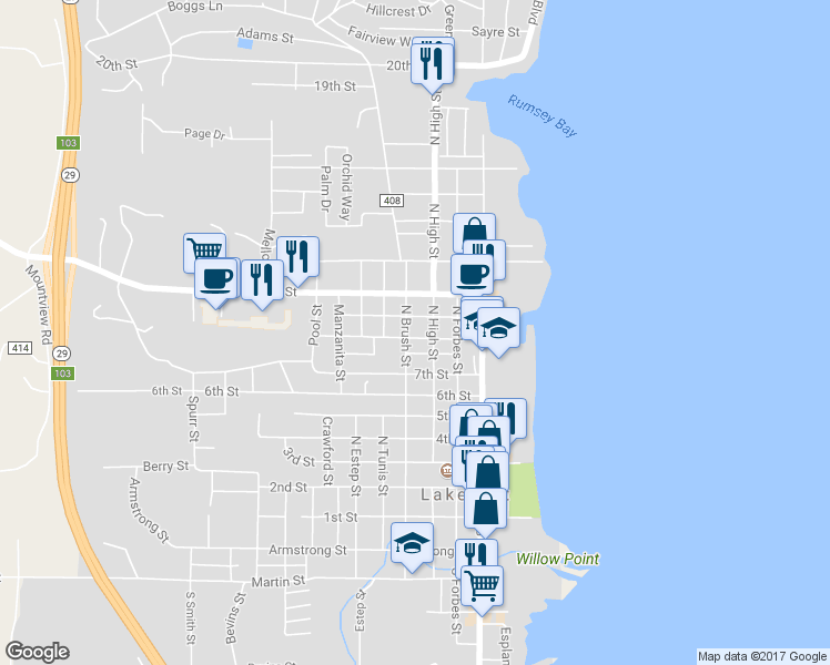 map of restaurants, bars, coffee shops, grocery stores, and more near 350 9th Street in Lakeport