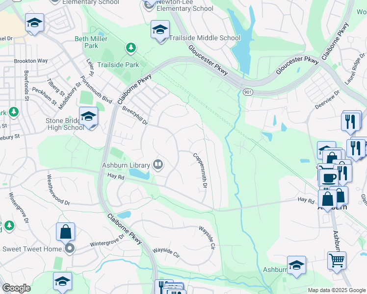 map of restaurants, bars, coffee shops, grocery stores, and more near 20566 Coppersmith Drive in Ashburn