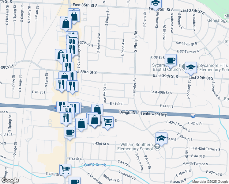 map of restaurants, bars, coffee shops, grocery stores, and more near 14505 East 40th Street South in Independence