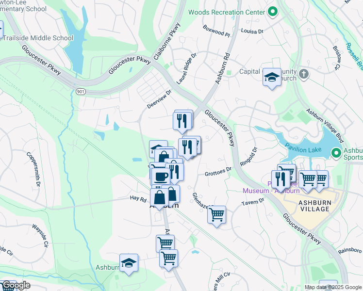 map of restaurants, bars, coffee shops, grocery stores, and more near 20581 Ashburn Road in Ashburn