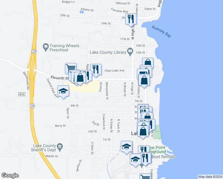 map of restaurants, bars, coffee shops, grocery stores, and more near 925 North Street in Lakeport