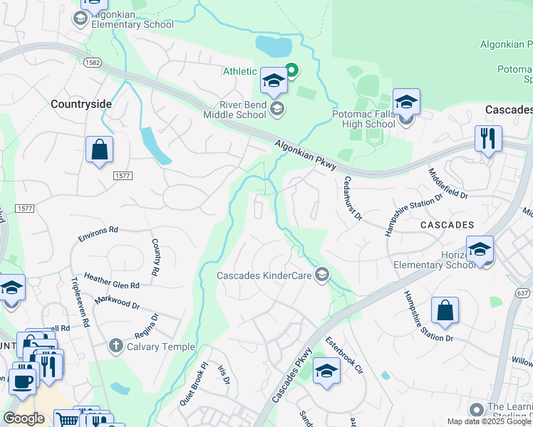 map of restaurants, bars, coffee shops, grocery stores, and more near 279 Chelmsford Court in Sterling