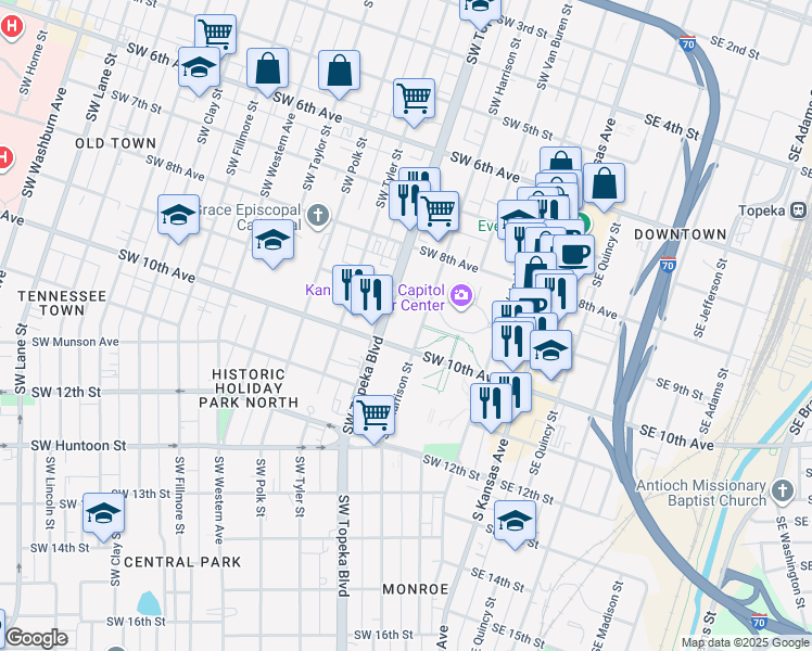 map of restaurants, bars, coffee shops, grocery stores, and more near in Topeka