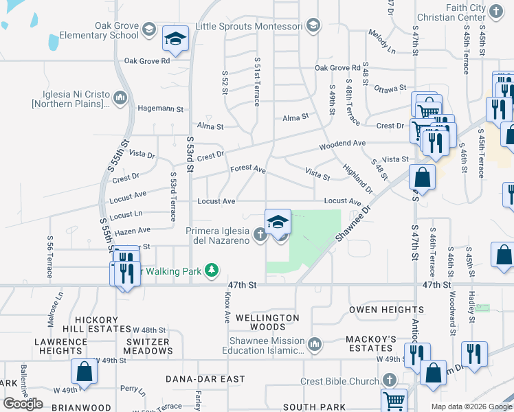 map of restaurants, bars, coffee shops, grocery stores, and more near 5109 Locust Ave in Kansas City