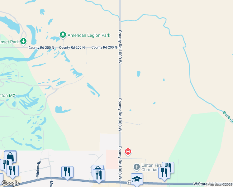 map of restaurants, bars, coffee shops, grocery stores, and more near 974-1703 County Road 1000 West in Linton