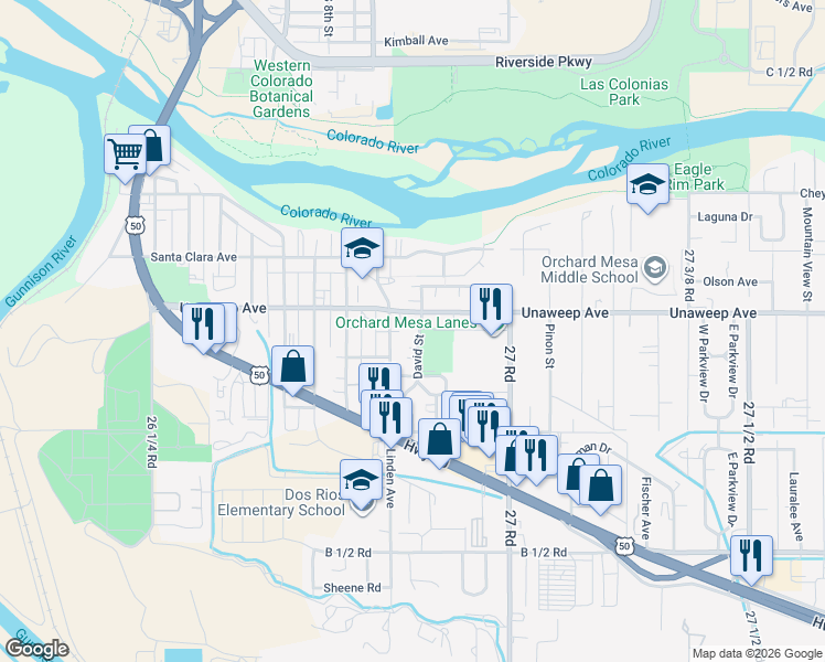 map of restaurants, bars, coffee shops, grocery stores, and more near 1815 David Street in Grand Junction