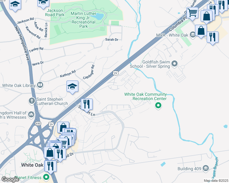map of restaurants, bars, coffee shops, grocery stores, and more near 1627 Treetop View Terrace in Silver Spring