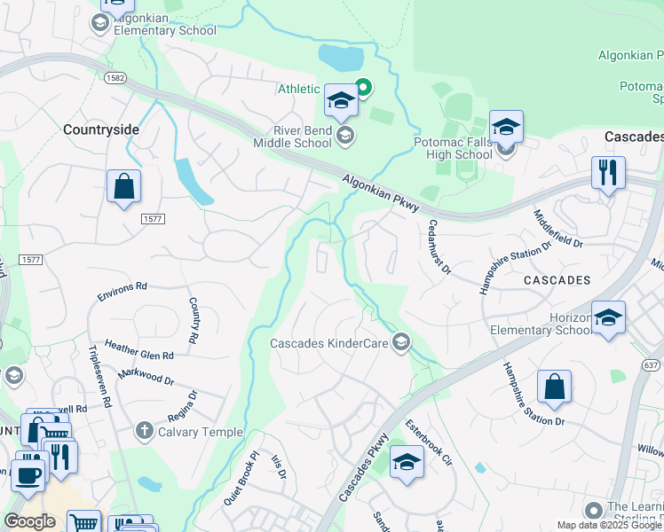 map of restaurants, bars, coffee shops, grocery stores, and more near 279 Chelmsford Court in Sterling