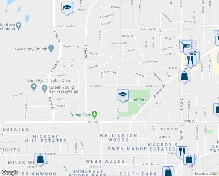map of restaurants, bars, coffee shops, grocery stores, and more near 5125 Locust Avenue in Kansas City