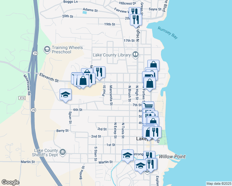 map of restaurants, bars, coffee shops, grocery stores, and more near 925 North Street in Lakeport