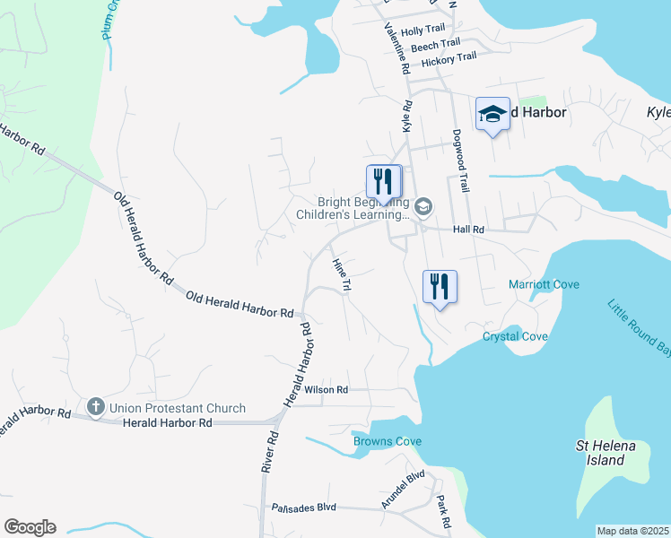 map of restaurants, bars, coffee shops, grocery stores, and more near 902 Hine Trail in Crownsville