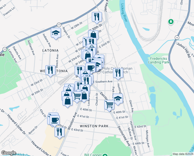 map of restaurants, bars, coffee shops, grocery stores, and more near 3617 Church Street in Covington