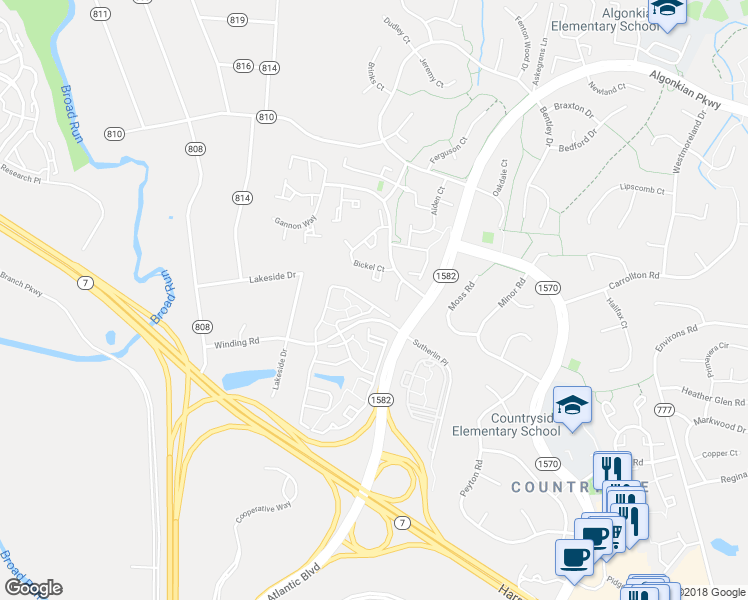 map of restaurants, bars, coffee shops, grocery stores, and more near 20465 Blue Heron Terrace in Sterling