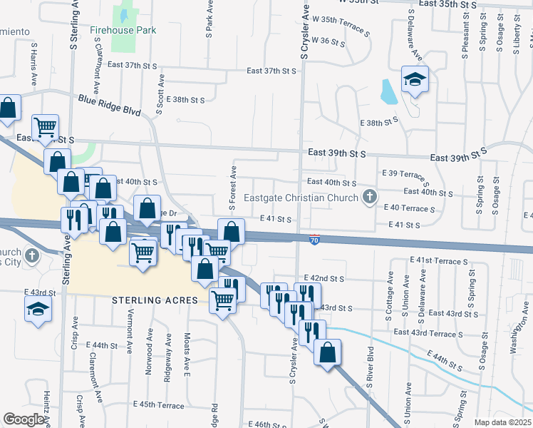 map of restaurants, bars, coffee shops, grocery stores, and more near 4022 South Fuller Avenue in Independence