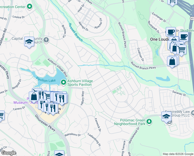 map of restaurants, bars, coffee shops, grocery stores, and more near 44360 Oakmont Manor Square in Ashburn