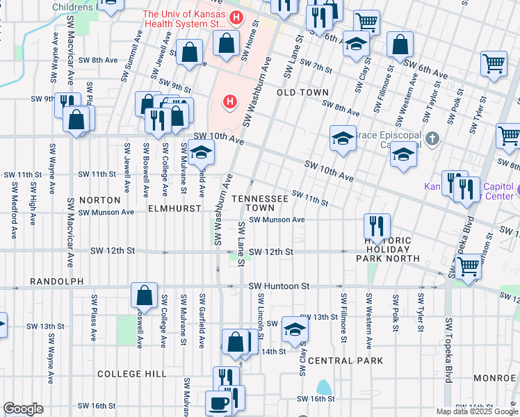 map of restaurants, bars, coffee shops, grocery stores, and more near 1149 Southwest Lincoln Street in Topeka