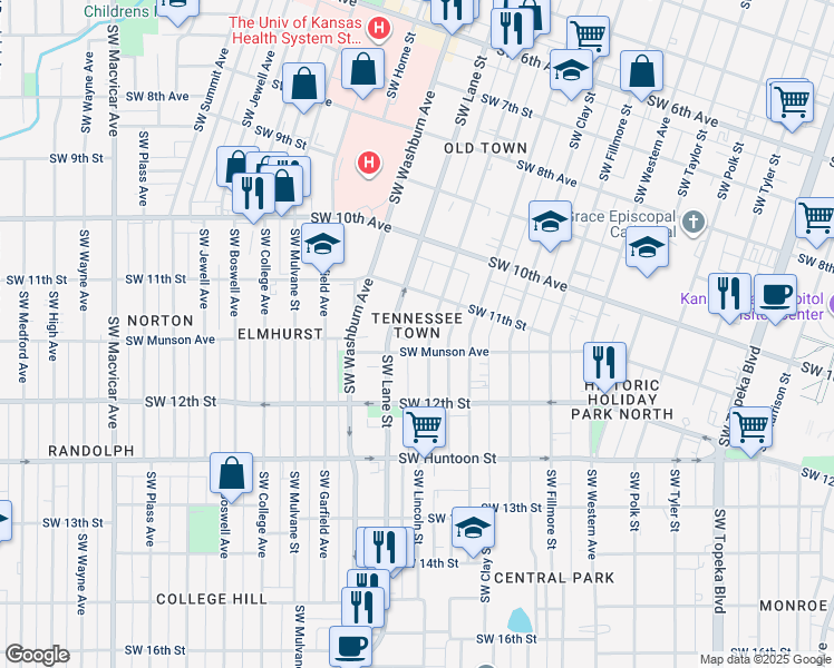map of restaurants, bars, coffee shops, grocery stores, and more near 1149 Southwest Lincoln Street in Topeka