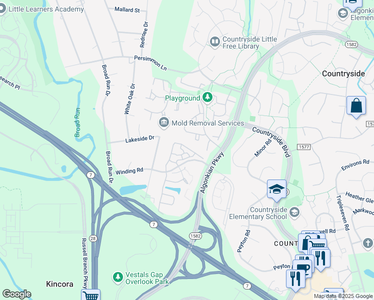map of restaurants, bars, coffee shops, grocery stores, and more near 20482 Blue Heron Terrace in Sterling