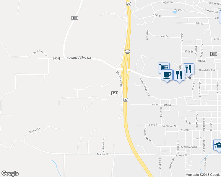map of restaurants, bars, coffee shops, grocery stores, and more near 1509 McMahon Road in Lakeport