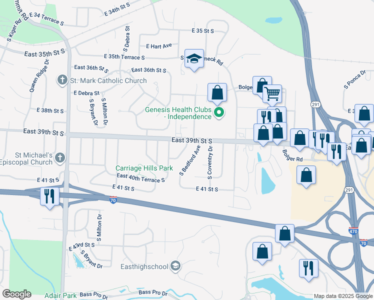 map of restaurants, bars, coffee shops, grocery stores, and more near 3909 South Berry Lane in Independence